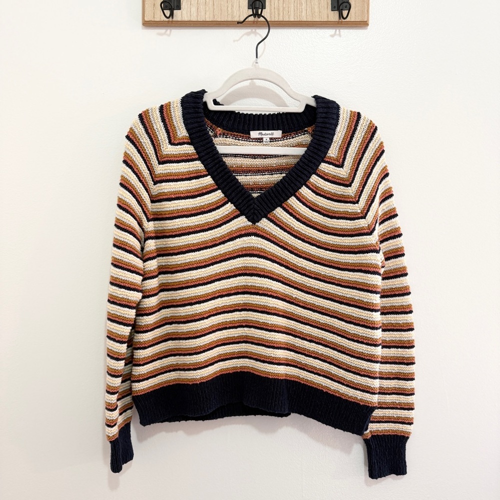 Madewell Arden Striped V-Neck Knit Sweater Medium Cotton
